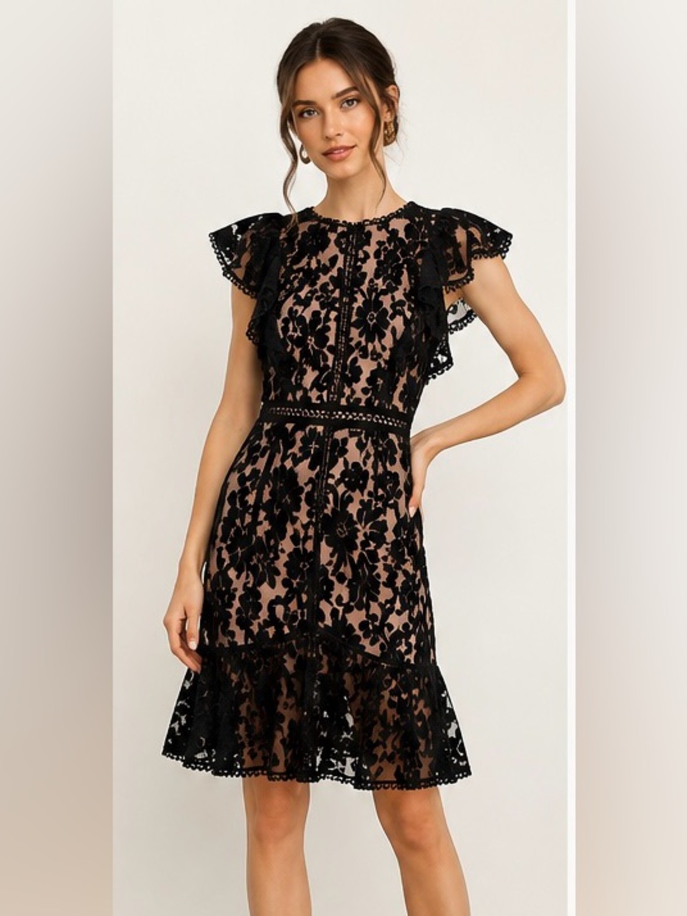 Adelyn Rae Black Nude Flocked Lace Ruffle Open Back Cocktail Dress M